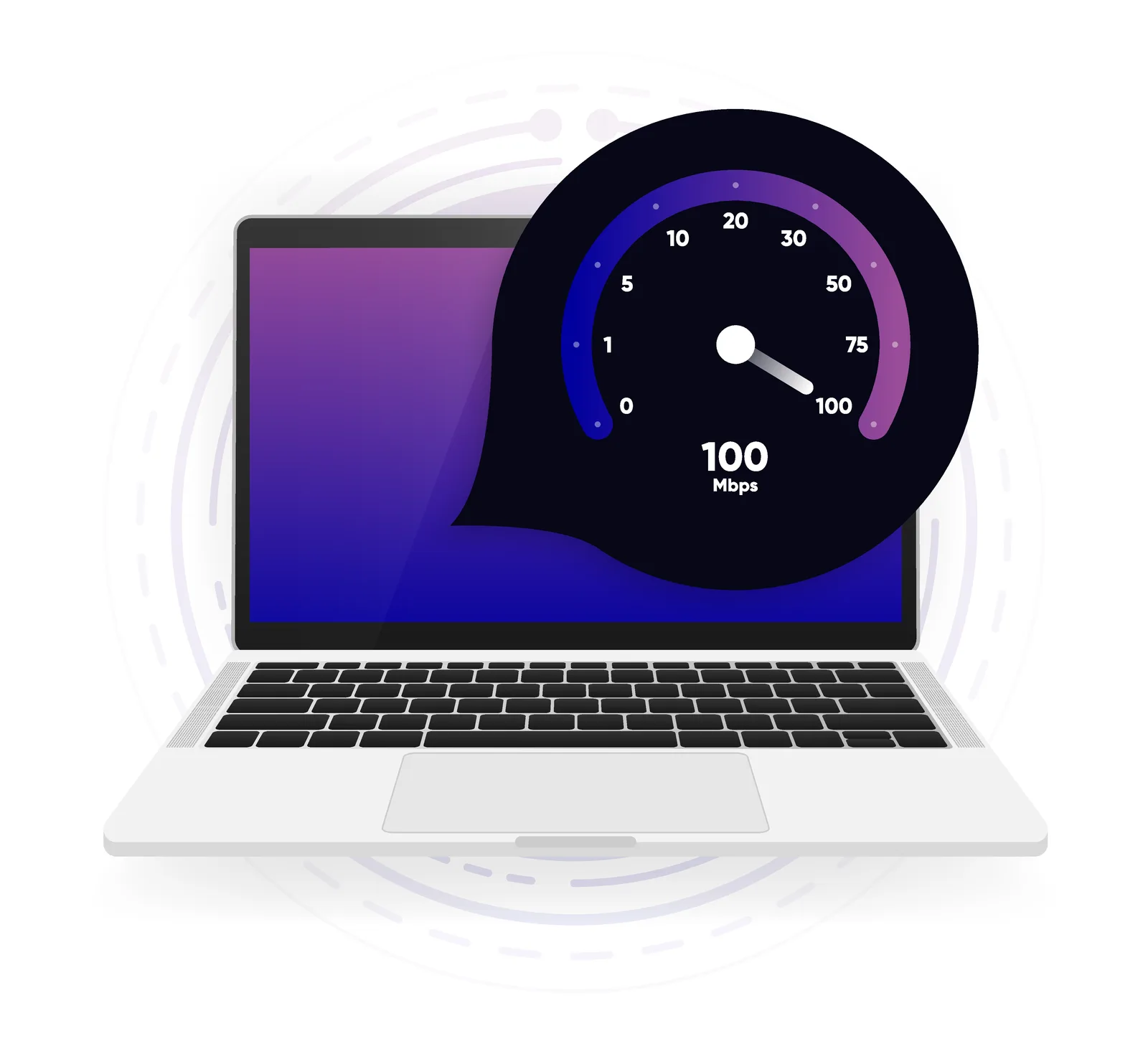 Illustrasjon av hastighetstest for bredbånd – 100 Mbps målt på laptop