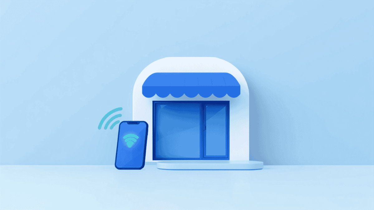 Illustrasjon: liten butikkfasade med smarttelefon og signal – mobilabonnement for små bedrifter