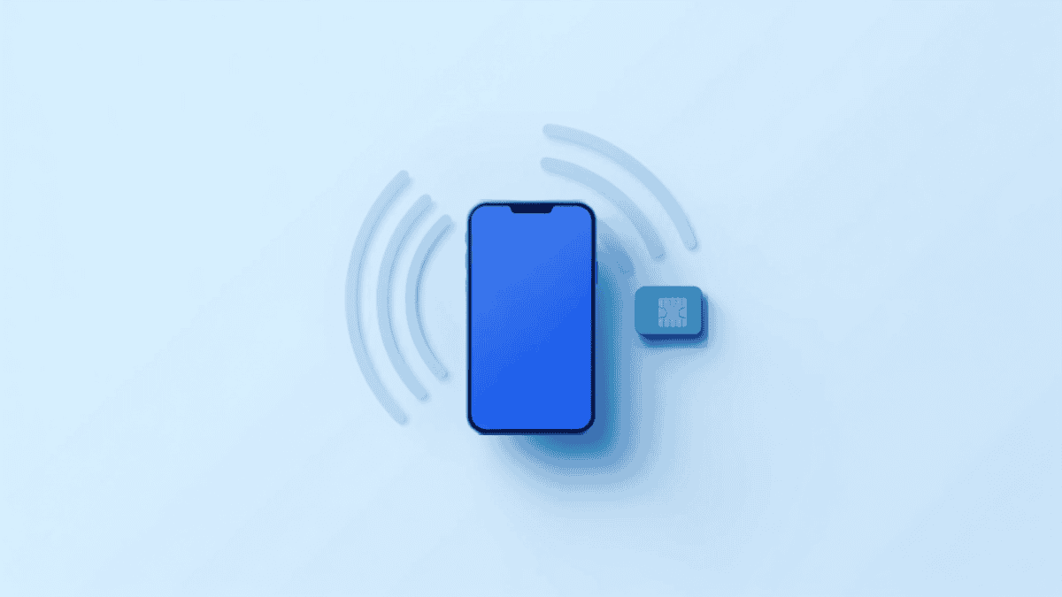 Illustrasjon: smarttelefon med signalbølger og SIM-kort – mobilabonnement til bedrift