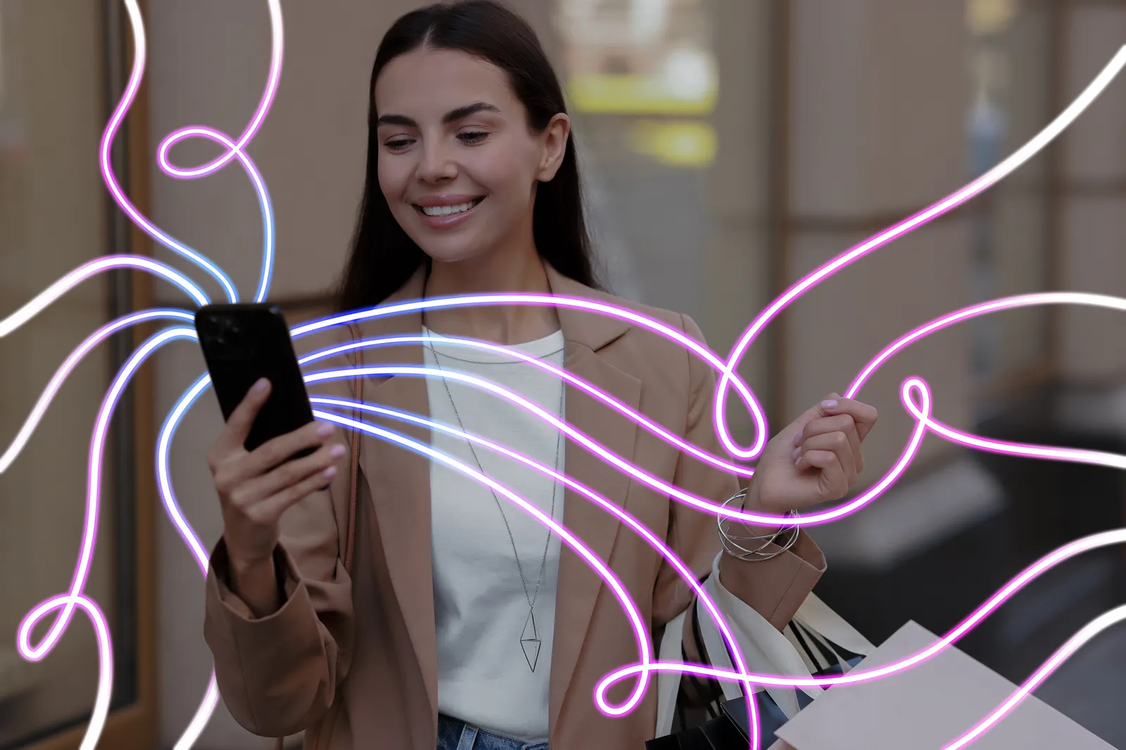 Smarttelefon koblet til mobilnett, illustrert med nettverkslinjer