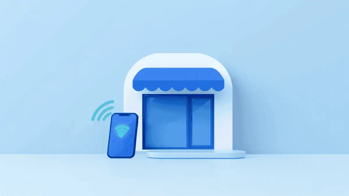 Illustrasjon: liten butikkfasade med smarttelefon og signal – mobilabonnement for små bedrifter