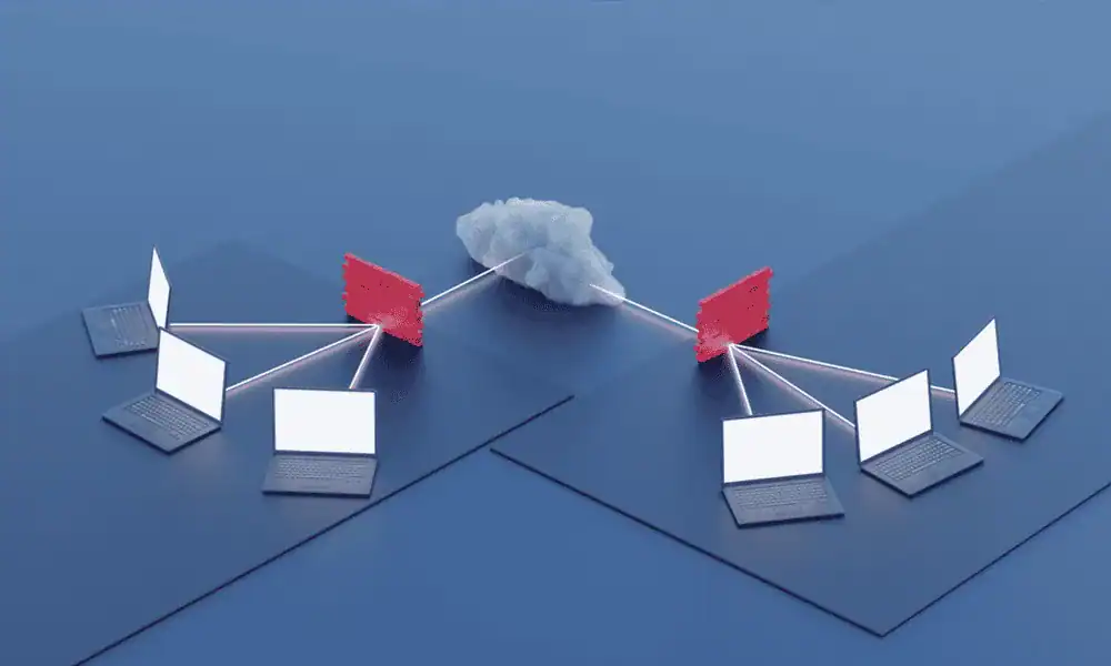 Illustrasjon av et VPN-nettverk som knytter flere kontorer sammen via skyen